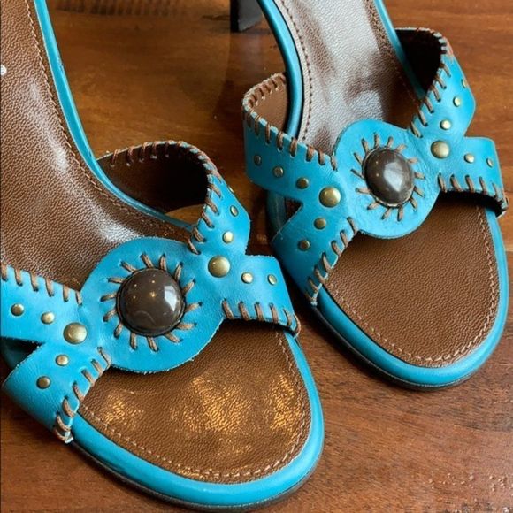 Franco Sarto Teal Studded Slide Heels - Picture 2 of 8
